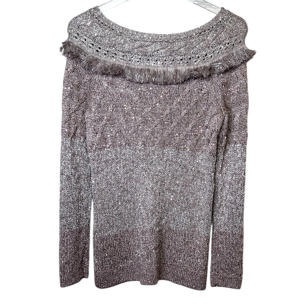 WHBM Sequin Knit Boat Neck Sweater in Taupe with Gold Metallic Knit Women’s XS - Picture 3 of 9